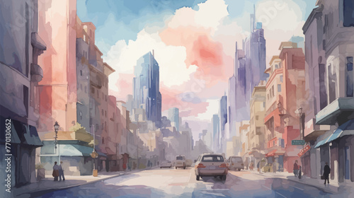 水彩で描いた都会の街並みのイラスト Generative AI
