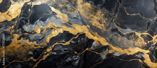 Close up of a luxurious black and gold marble texture resembling a landscape of celestial bodies in space, captured in stunning detail like an aerial photograph