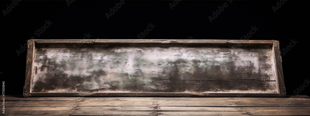 Rustic wooden table and frame with white distressed peeling paint on black background in still life photography Rustic wooden table and frame with white distressed peeling paint on black background in still life photography