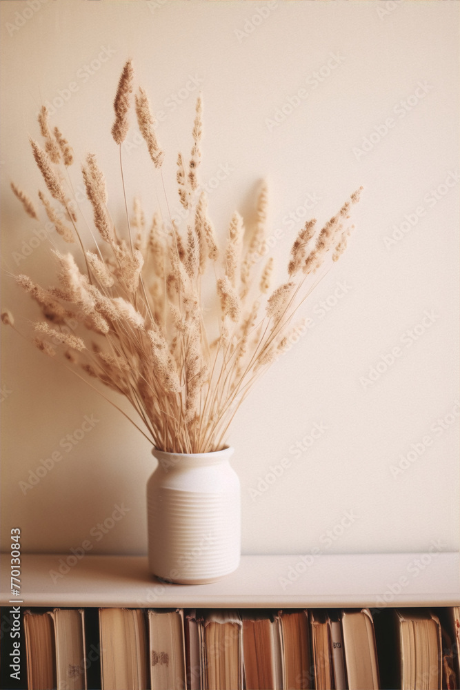 Dried beige wheat stalks in a ceramic vase on a shelf with books in the background