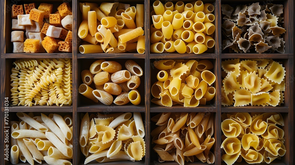 Pasta assorted. Set of different types of paste in the cells of a wooden box. - obrazy, fototapety, plakaty 