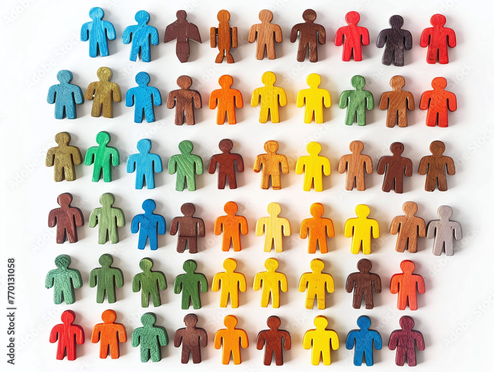 Multi colored wooden figures, business people, staff, employment, manager, or recruitment image concept. human resources.