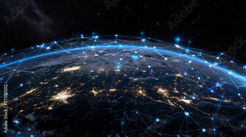 World encircled by cutting edge perceptron network lines for global connectivity