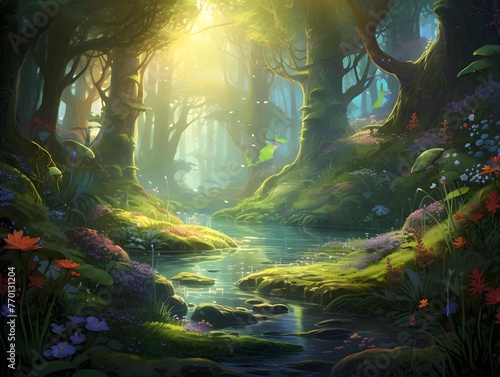 Fantasy fantasy forest landscape with river and green trees. 3d illustration