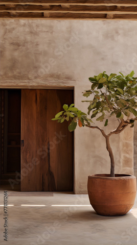 Earthen-toned interior space with a potted plant in the foreground and a wooden door in the background