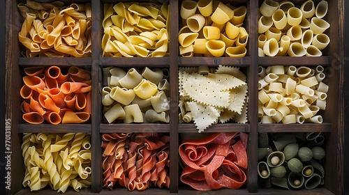 Pasta assorted. Set of different types of paste in the cells of a wooden box.