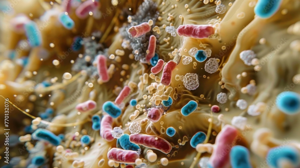 A detailed view of biofilm formation with bacteria secreting a variety of substances to create a protective and sticky environment.