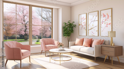 Elegant living room interior with pink armchairs and sofa  golden coffee table  and botanical posters in white frames on the wall in bright natural light from the window.