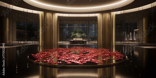 Luxury hotel lobby interior with a modern art sculpture of red flowers and a reflecting pool, illuminated by warm lighting