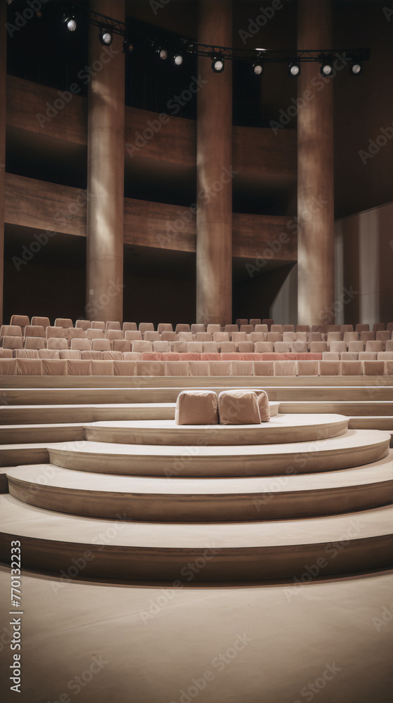 Fototapeta premium An empty theater with pink velvet seats and a tan marble stage.