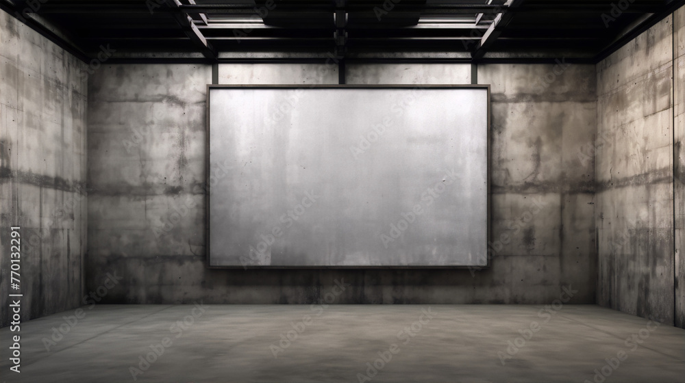 Industrial style concrete interior with blank billboard illuminated by soft light Industrial style concrete interior with blank billboard illuminated by soft light