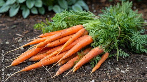Lush and vibrant carrots freshly harvested from the rich soil of a greenhouse garden