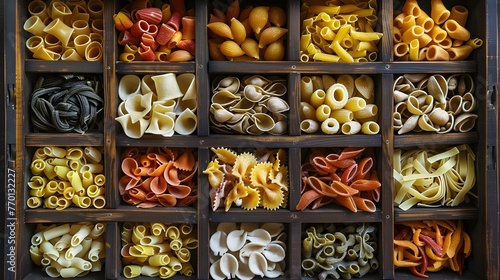 Pasta assorted. Set of different types of paste in the cells of a wooden box.