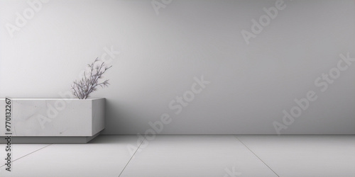 3D rendering of a minimalist interior space with a single plant in a planter against a white wall in the background