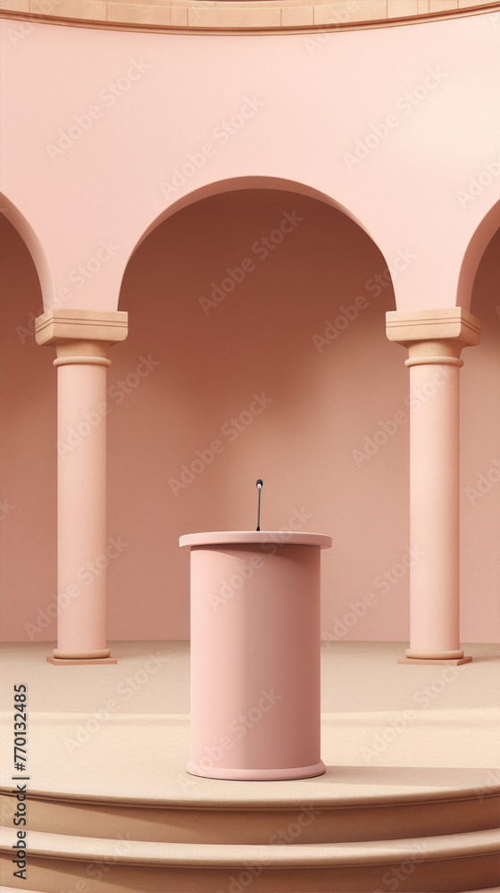 3D rendering of a pink podium in a pink classical interior with arches and columns in a minimalist style