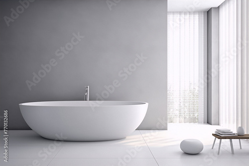 Bathroom interior in a contemporary style with a freestanding bathtub, pebble, stool and large windows with white curtains photo