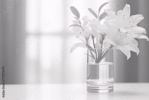 Black and white photo of a glass vase with white lilies on a white table with a blurred background photo
