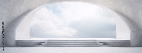 3D rendering of a concrete room with a large arched opening to the sky