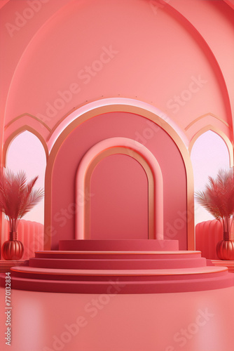 3D rendering of an empty pink podium with two pink potted palm trees in front of it against a pink background in an arch-shaped room