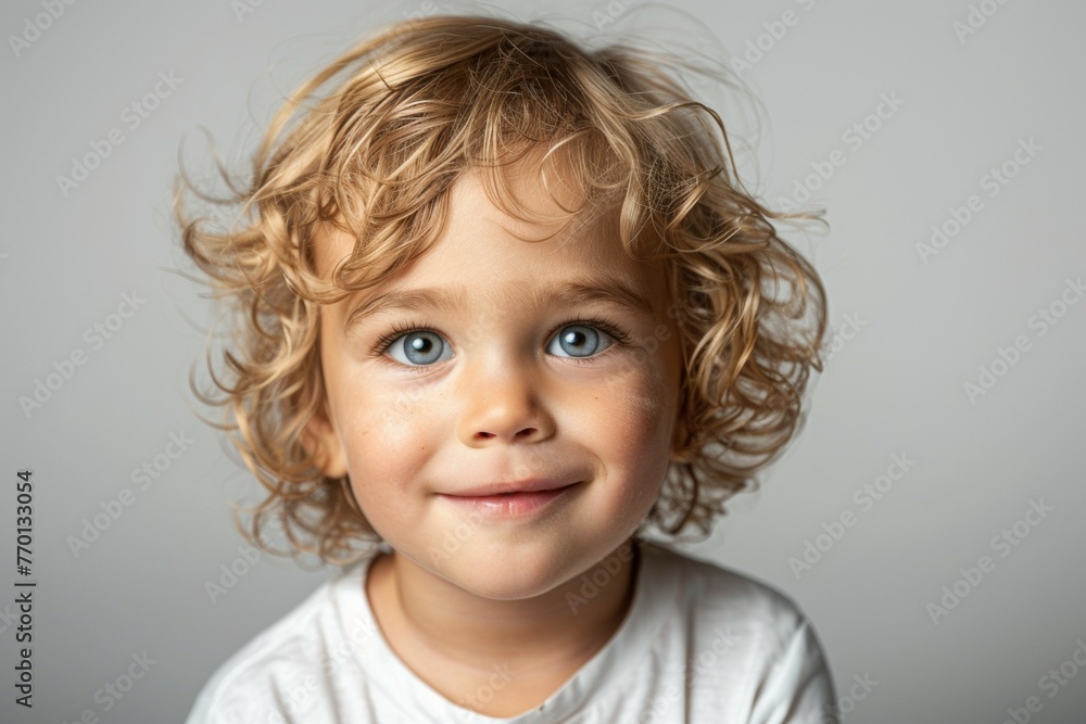 A young blonde child with blue eyes is smiling and looking at the camera A young blonde child with blue eyes is smiling and looking at the camera