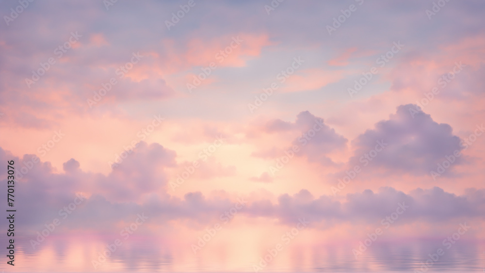 Obraz premium Gentle background, Pastel sky at dawn, soft clouds, gentle sunlight, serene atmosphere