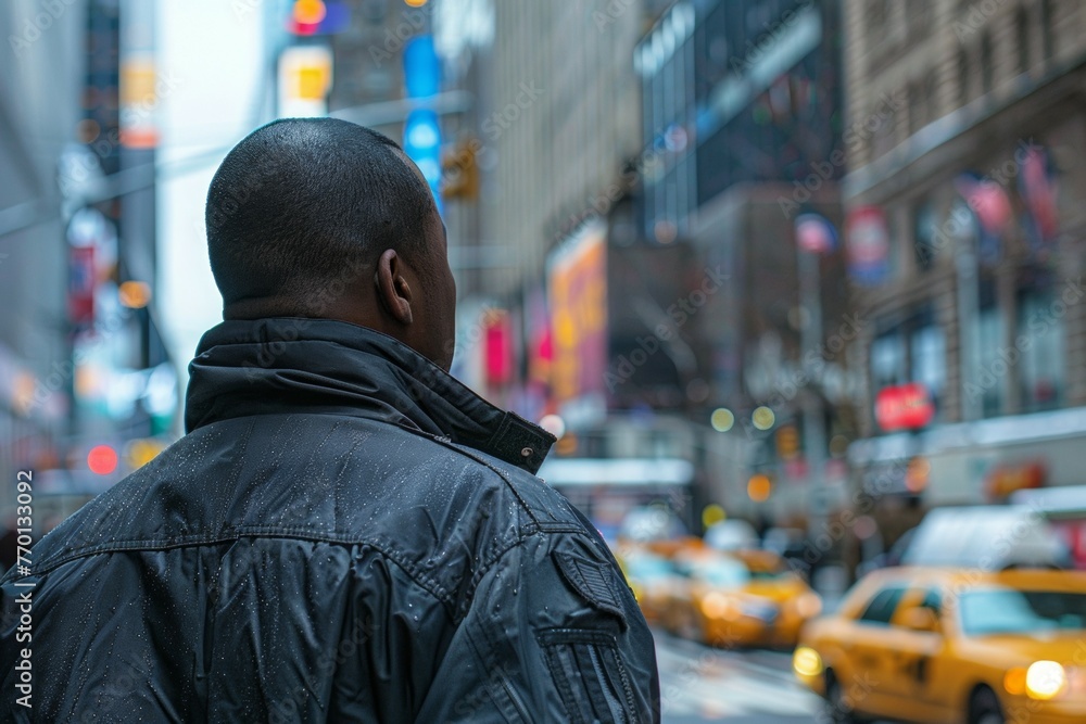 A man wearing a black jacket is standing on a city street A man wearing a black jacket is standing on a city street
