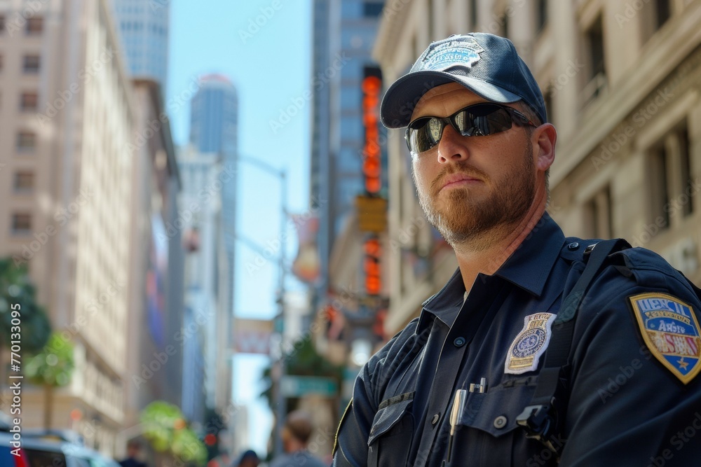 A police officer stands on a city street wearing sunglasses and a hat A police officer stands on a city street wearing sunglasses and a hat