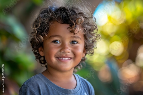 A young boy with curly hair is smiling and looking at the camera