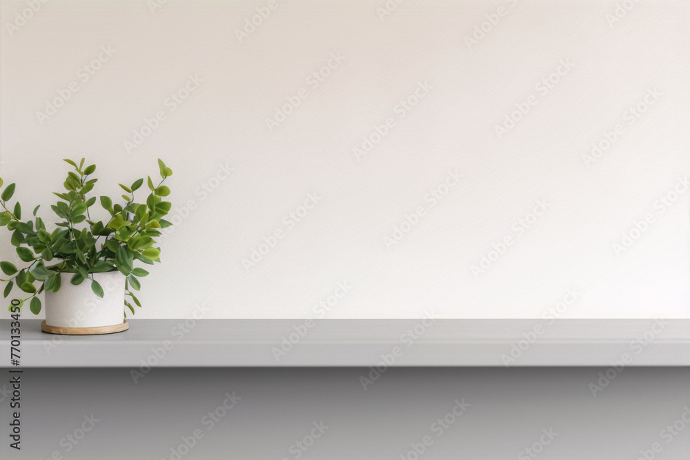 A minimalist still life photograph of a potted plant on a shelf against a beige background. A minimalist still life photograph of a potted plant on a shelf against a beige background.