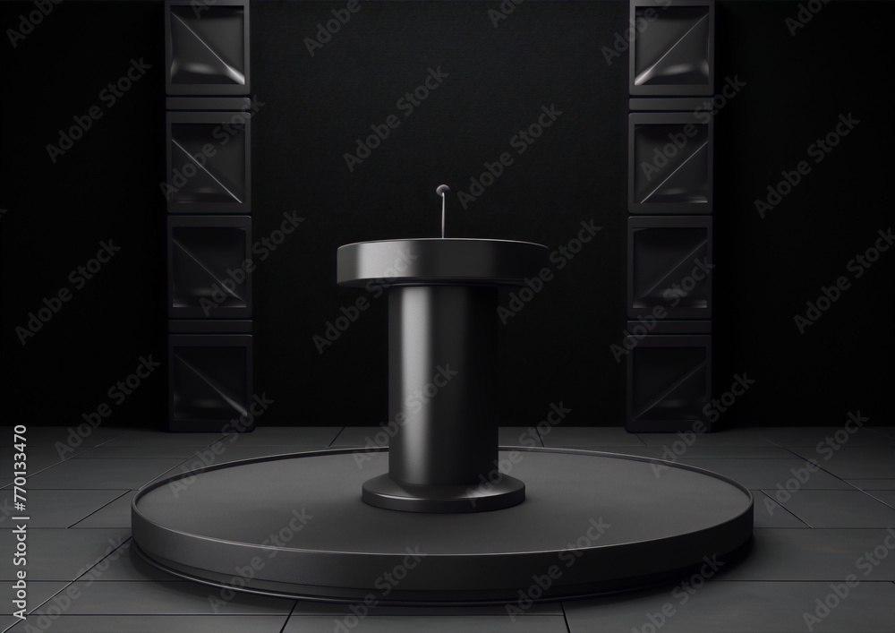 3D rendering of a black podium with a microphone in a dark room with spotlights. 3D rendering of a black podium with a microphone in a dark room with spotlights.