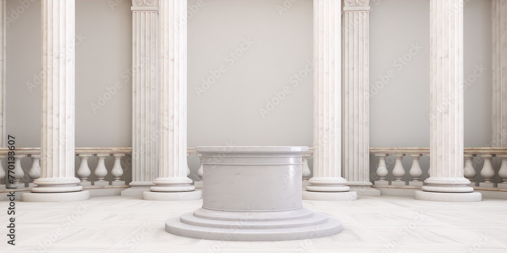 3D rendering of a classic interior space with marble columns, a podium, and a balustrade in the background 3D rendering of a classic interior space with marble columns, a podium, and a balustrade in the background