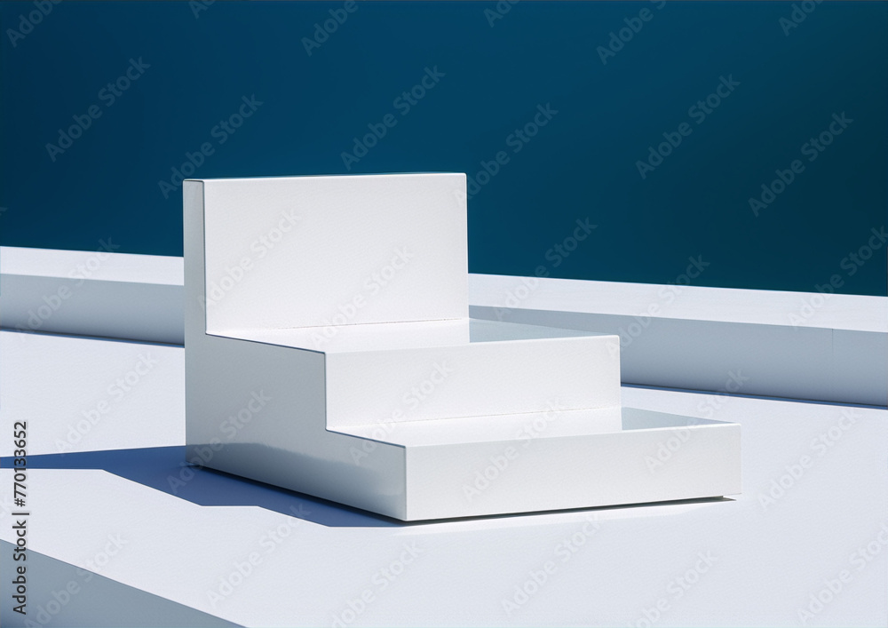 3D rendering of a white stepped podium on a white surface against a blue background in a minimalist style 3D rendering of a white stepped podium on a white surface against a blue background in a minimalist style