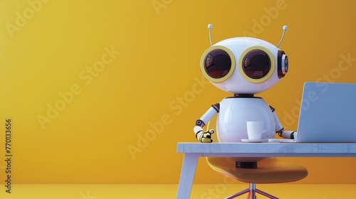 cute robot working on laptop