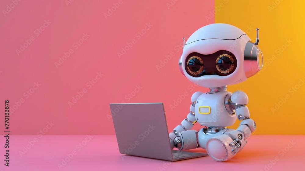cute robot working on laptop cute robot working on laptop