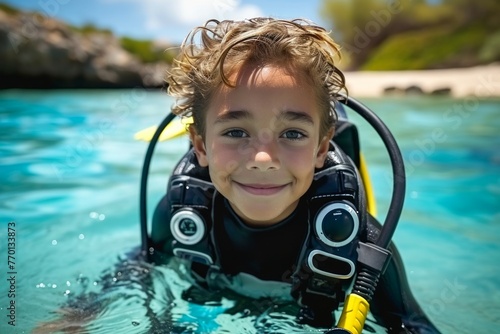 Child at diving lessons. Background with selective focus and copy space