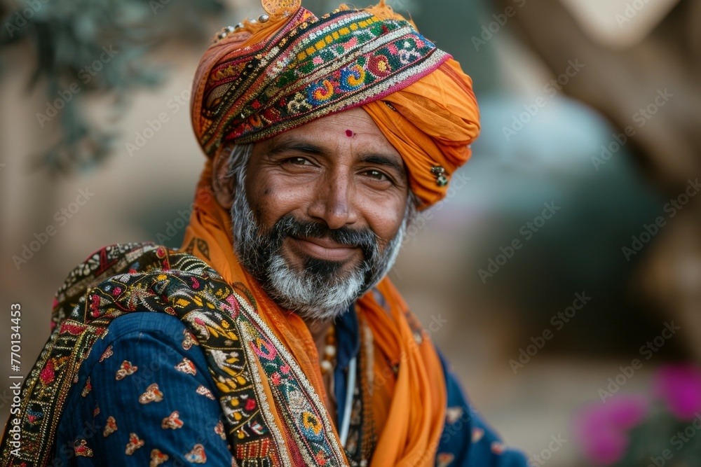 A man wearing a colorful turban and blue clothing is smiling