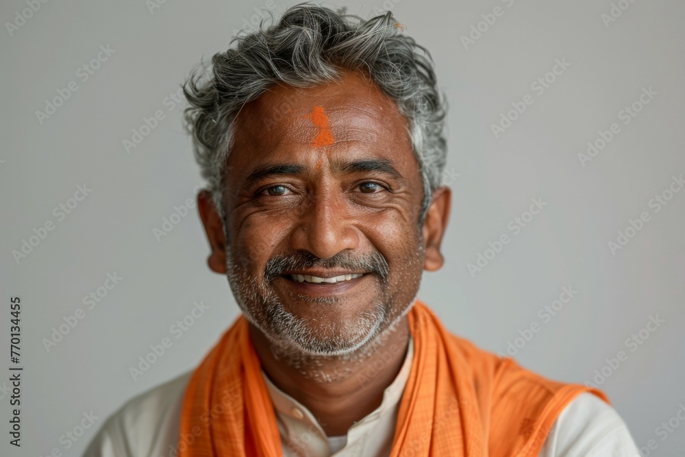 A man with a beard and gray hair is smiling and wearing an orange scarf A man with a beard and gray hair is smiling and wearing an orange scarf