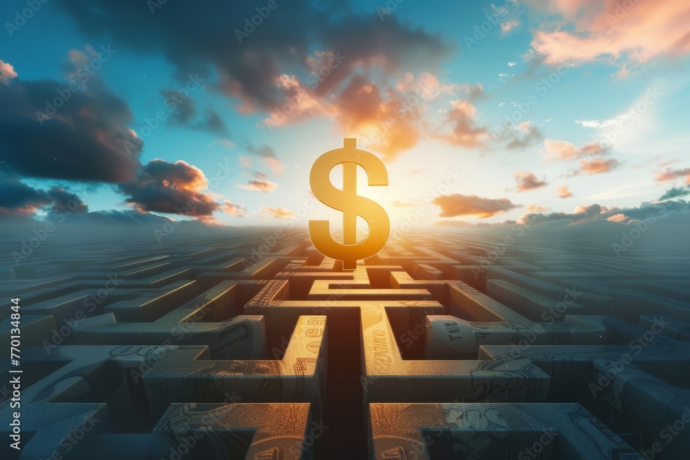  a financial maze, with a golden dollar sign at the center, and a path leading through financial obstacles, highlighting the journey to wealth - obrazy, fototapety, plakaty 