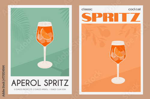 Aperol Spritz Cocktail in glass with ice and orange slice. Summer Italian aperitif retro poster set. Wall art with alcoholic beverage garnished with orange wedge and citrus tree on background. Vector.