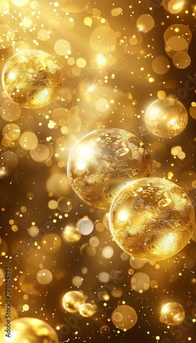 Abstract background of golden liquid bubbles with shimmering gold drops for design
