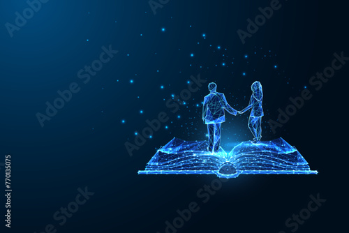Love story, romance novel, fiction literature futuristic concept with couple silhouette on open book