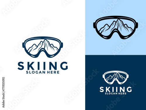skiing and winter Sports logo vector, snowboard or ski with goggles and mountain logo design template