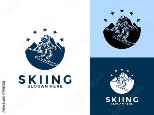 skiing and winter Sports logo vector template, snowboard or ski logo with skier and mountain vector