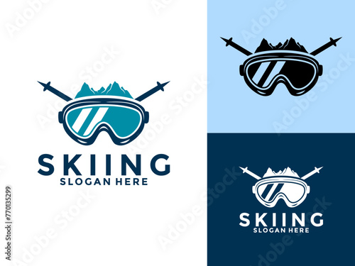 skiing and winter Sports logo vector, snowboard or ski with goggles and mountain logo design template