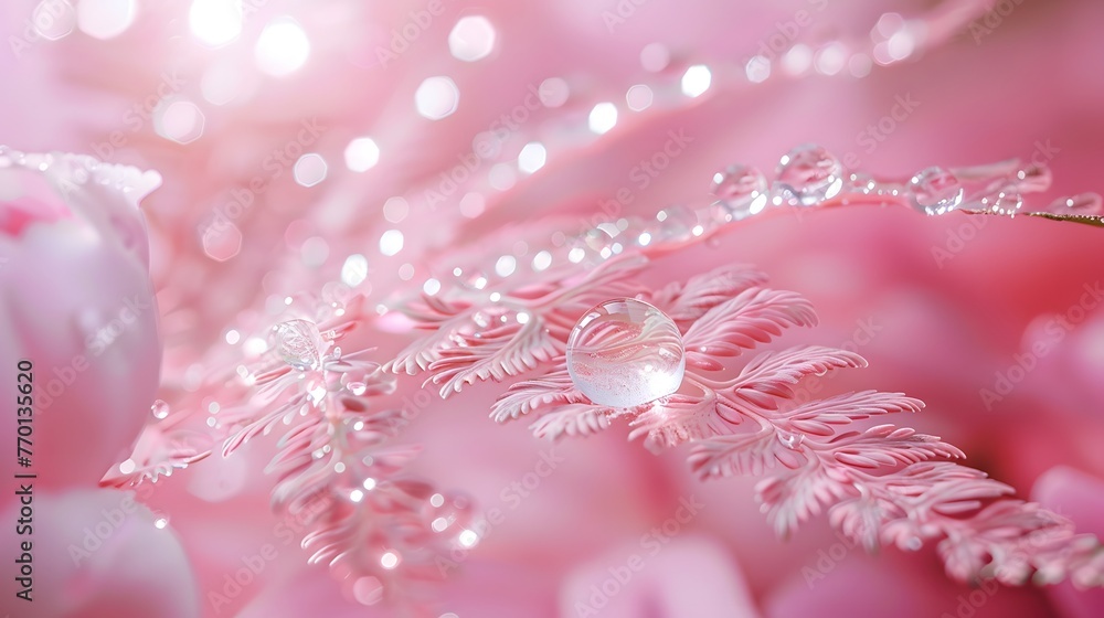 Fototapeta Transparent drops of dew on the leaves of the fern with the reflection of the peony flower. Transparent water droplets in nature macro on a pink background.
