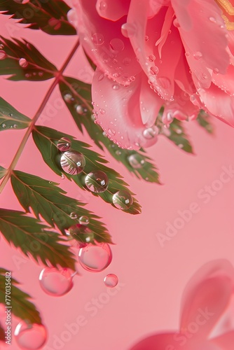Transparent drops of dew on the leaves of the fern with the reflection of the peony flower. Transparent water droplets in nature macro on a pink background.