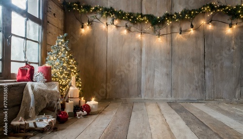 Sala rústica e mesa com enfeites de natal photo