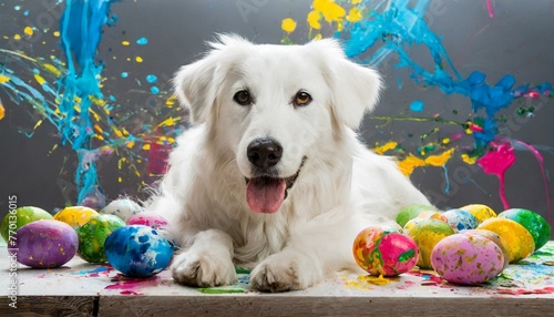 Cachorro branco com ovos de páscoa coloridos photo