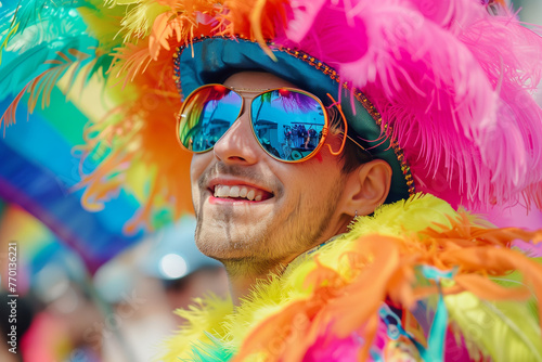 Man at gay pride parade, young man in hat and feathered costume and sunglasses with a cheerful smile on the streets in celebration