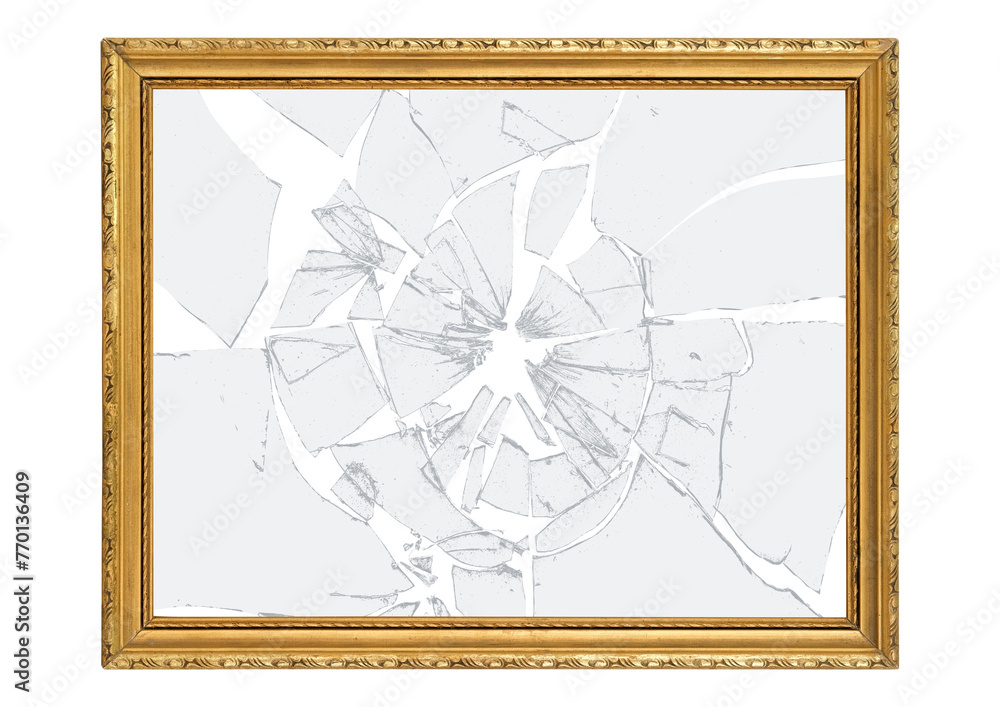 Vintage gilded antique picture frame and broken glass cracks and splinters with transparent background.